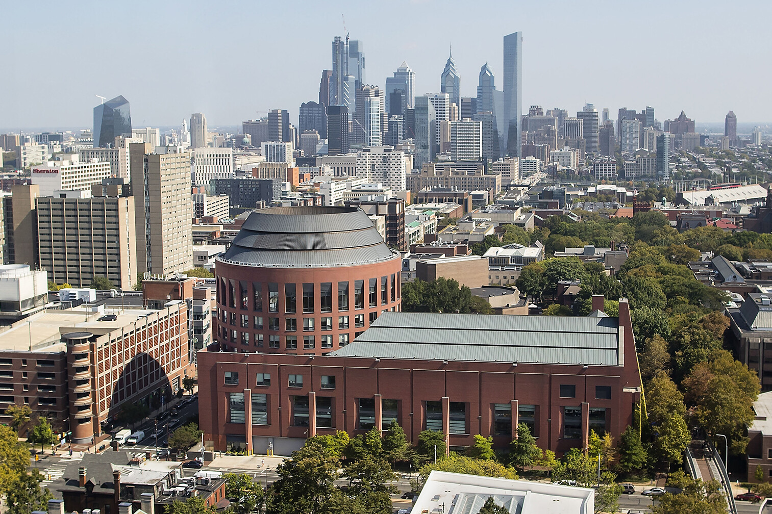 huntsman hall with philly skyline